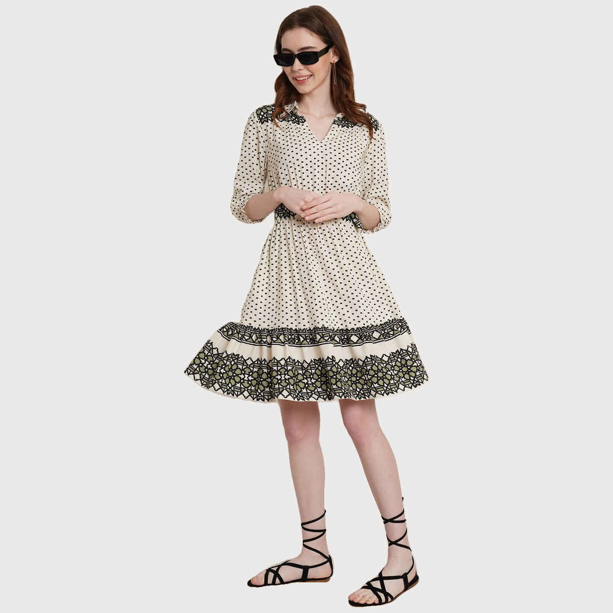 Wyshlist Women's Dress Flared Hem Geometric Print With Puff Sleeves | Off White - XL