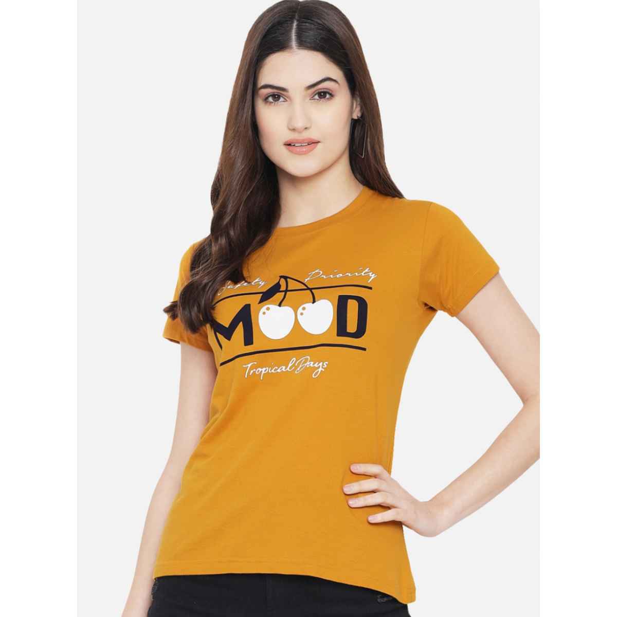 Fabflee Women Regular Cotton Printed Round Neck Tshirt | Yellow | FAB-WT-10 | M