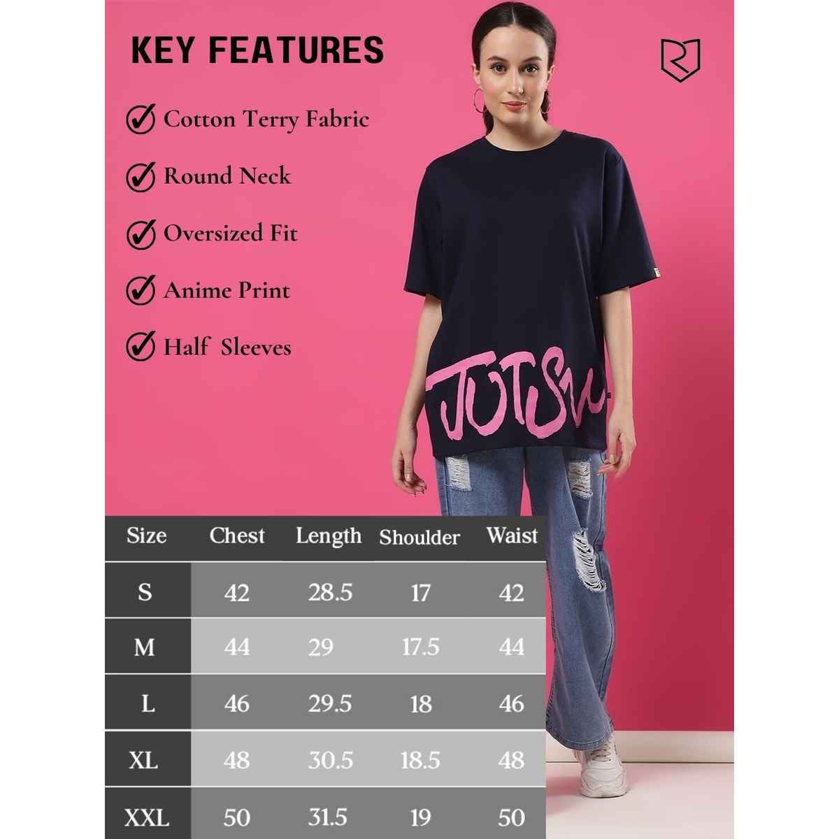 Rigo Women Terry Oversized Printed T-shirt | Navy - L