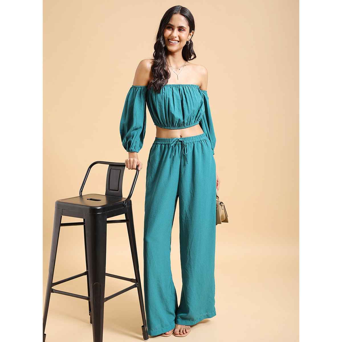 Ketch Women Checked Off Shoulder Crop Top Wide Leg Palazzo Co-ords | Green | M