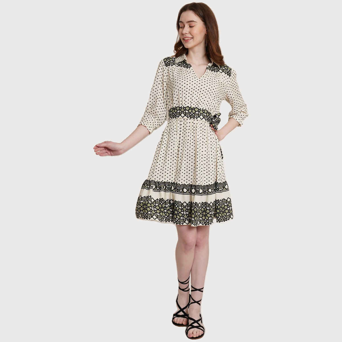 Wyshlist Women's Dress Flared Hem Geometric Print With Puff Sleeves | Off White - XL