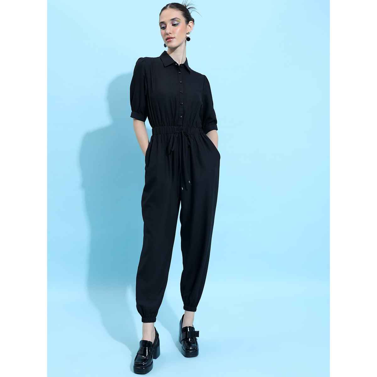 Ketch Women's Shirt Collar Basic Jumpsuit | Black - S