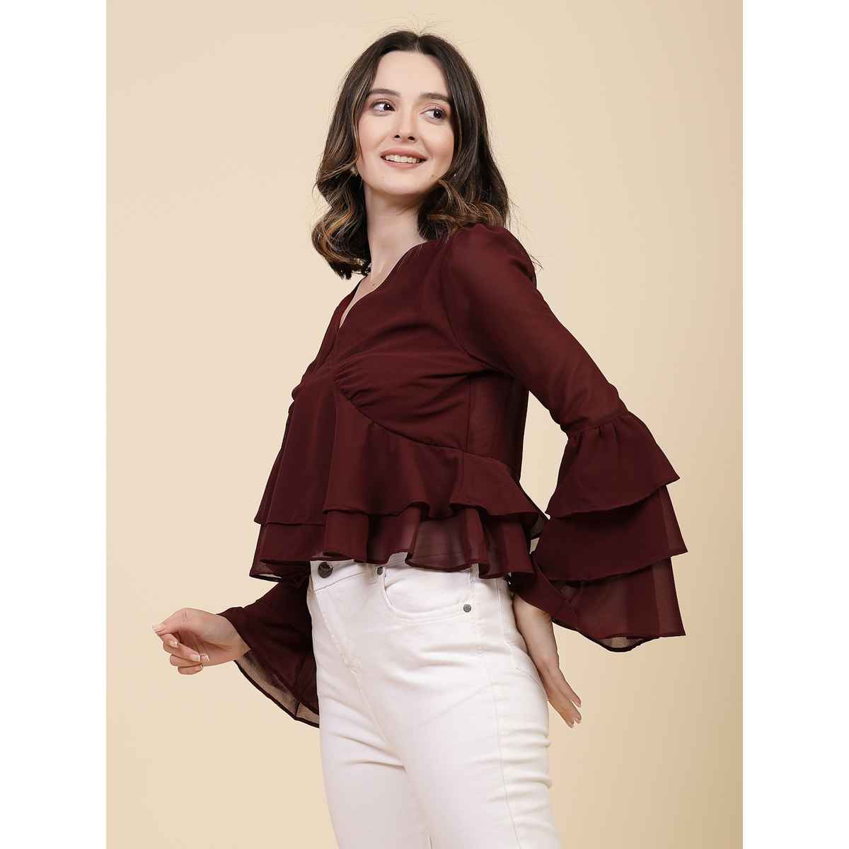 Freehand Women's Fit and Flare Solid Casual Ruffled Top | Maroon | L