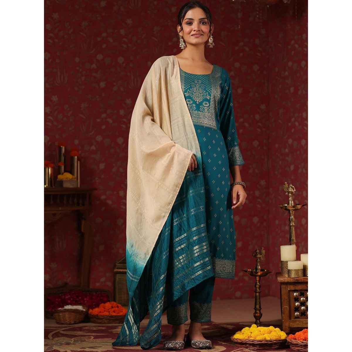 Ishin Women Straight Ethnic Rayon Kurta Set with Dupatta | INWSDAW231067 | Teal - M