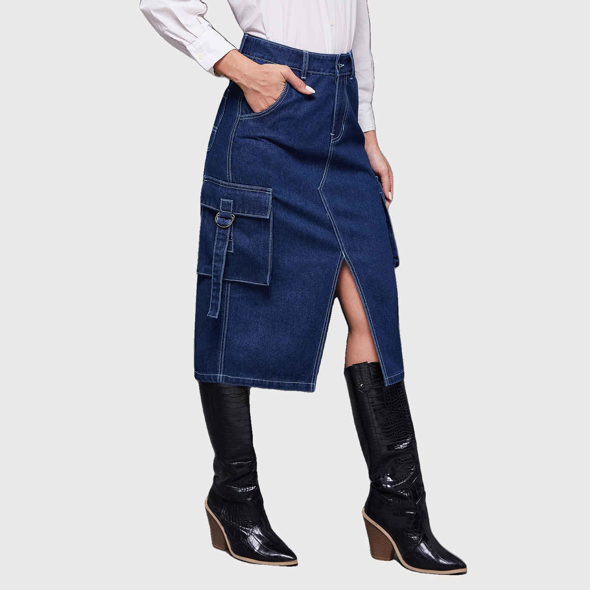 Miss Chase Women s Timeless Enigma Cargo Midi Skirt Navy Blue | 34