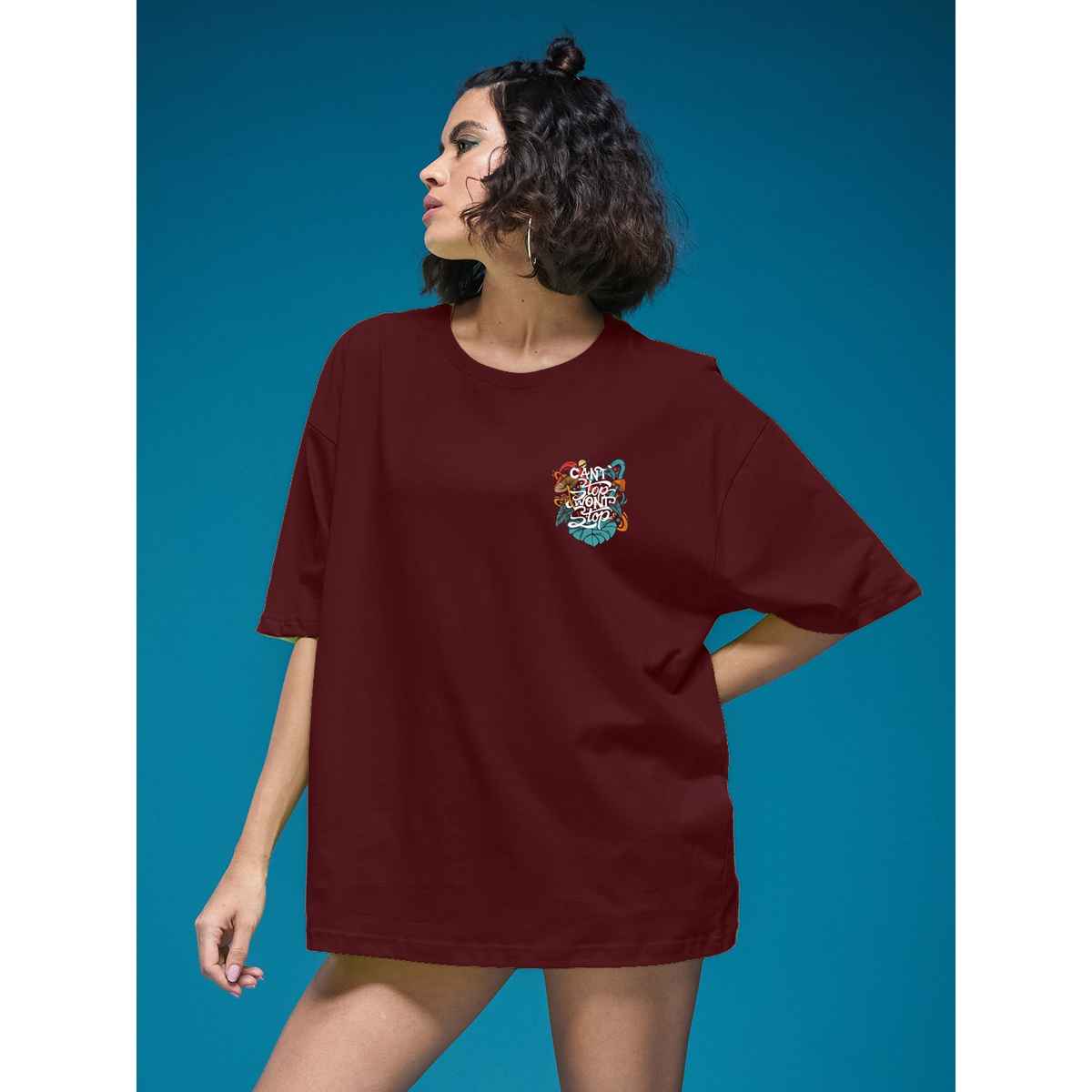 Smartees Women's Oversize Printed T-shirt | WW - 2030 | Maroon - M