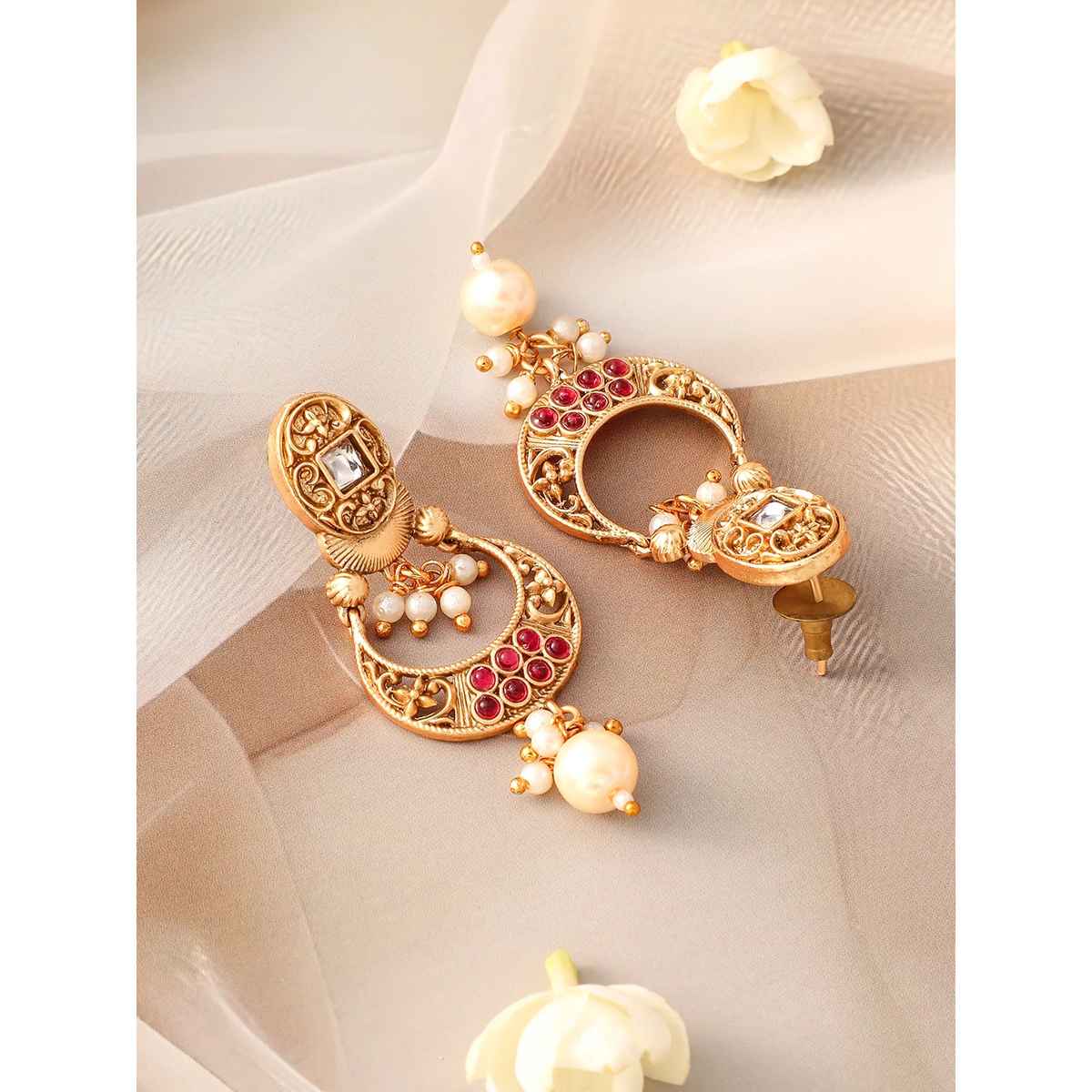 Rubans 24K Gold-Plated Ruby, Kundan Studded & Pearl Drops Rectangle Motif Necklace Set