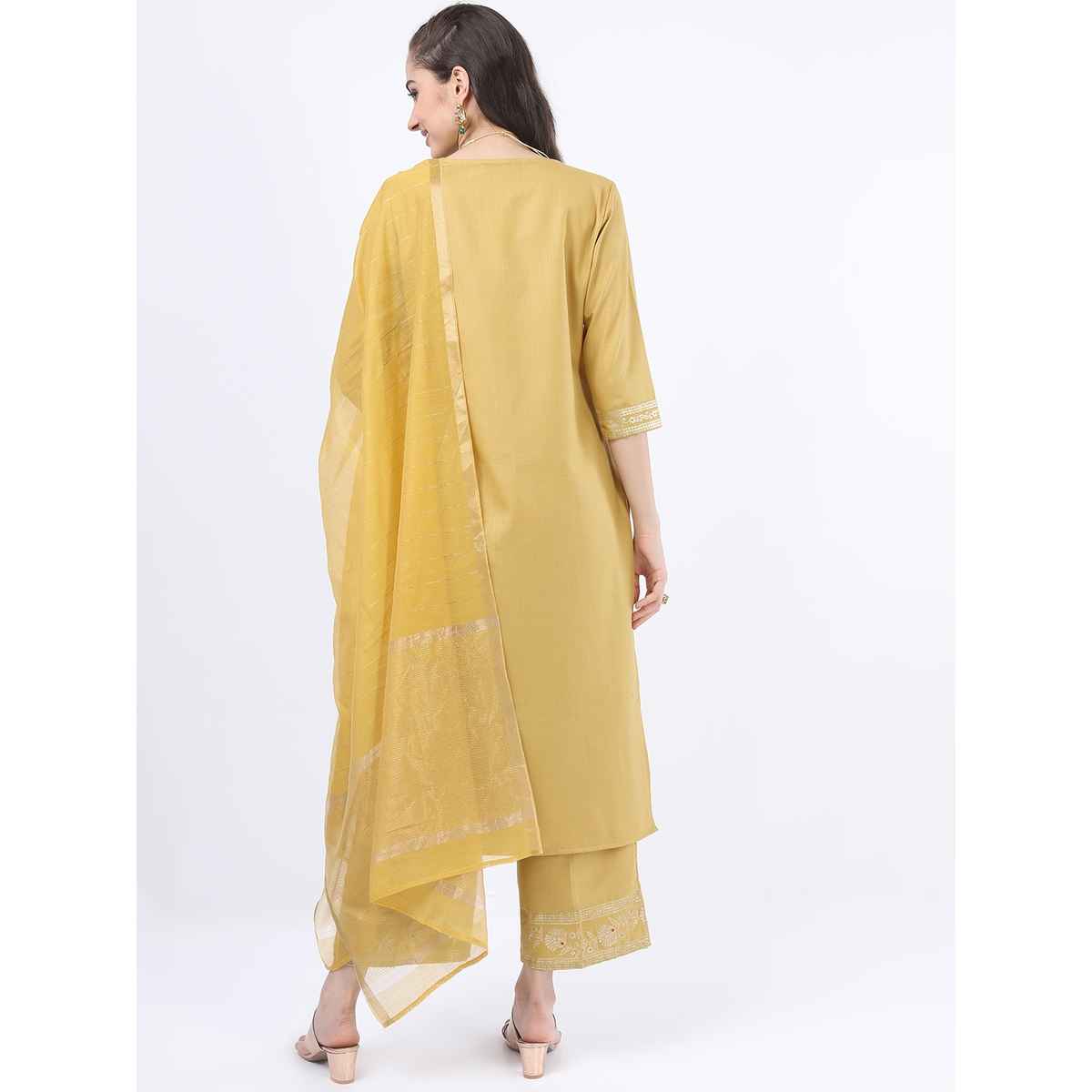 Ketch Women's Yellow Printed Kurta With Palazzos Dupatta | L