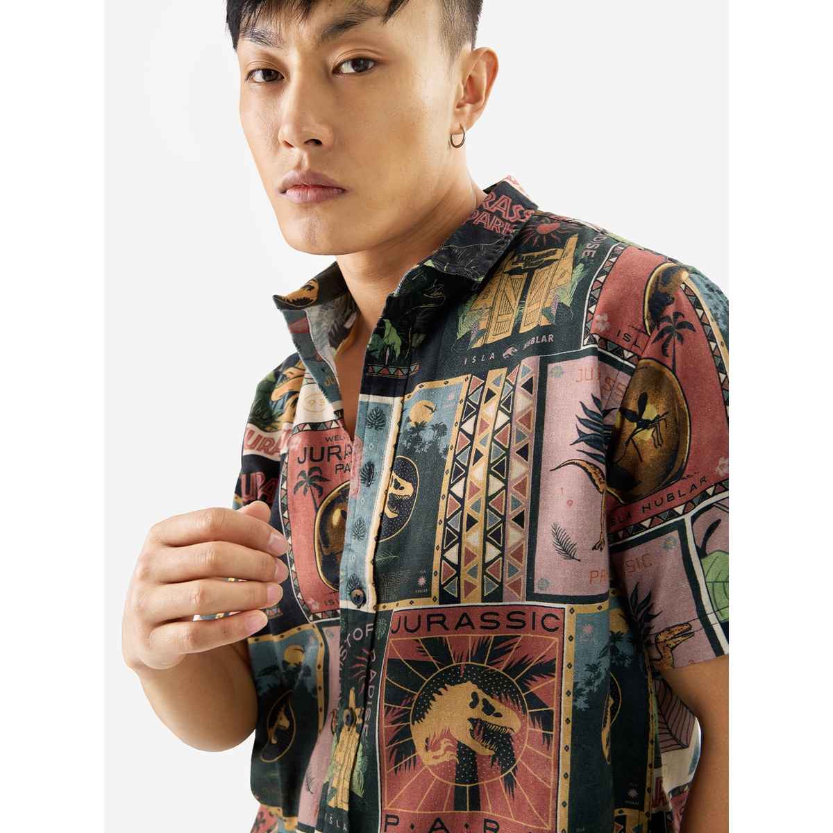 The Souled Store Men's Regular Jurassic Park - Dino Welcome Holiday Shirts | Multicolor | S