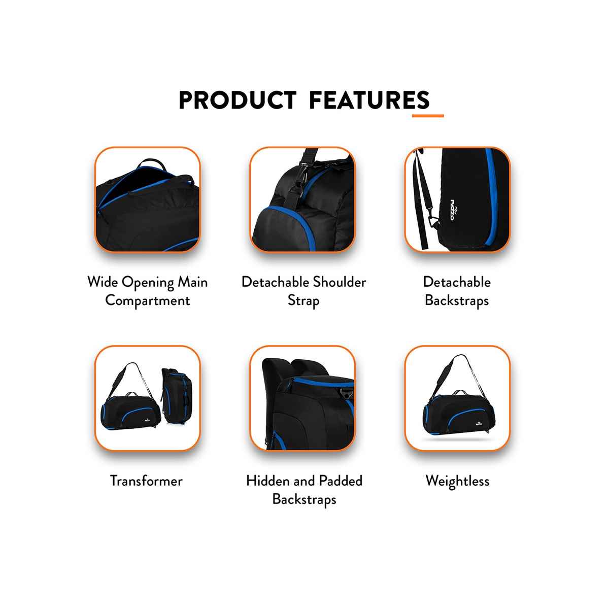 Pazzo Jake 50L Duffel Bag | 3-in-1 Gym | Travel & Backpack | Convertible with Spacious Storage