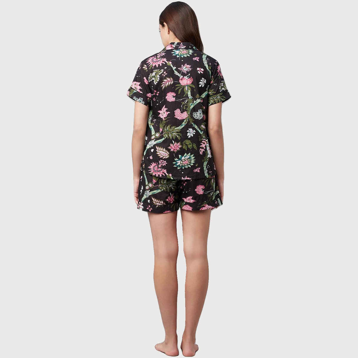 Divena Cotton Floral Print Women's Night Suit | DK0222 | Black - M