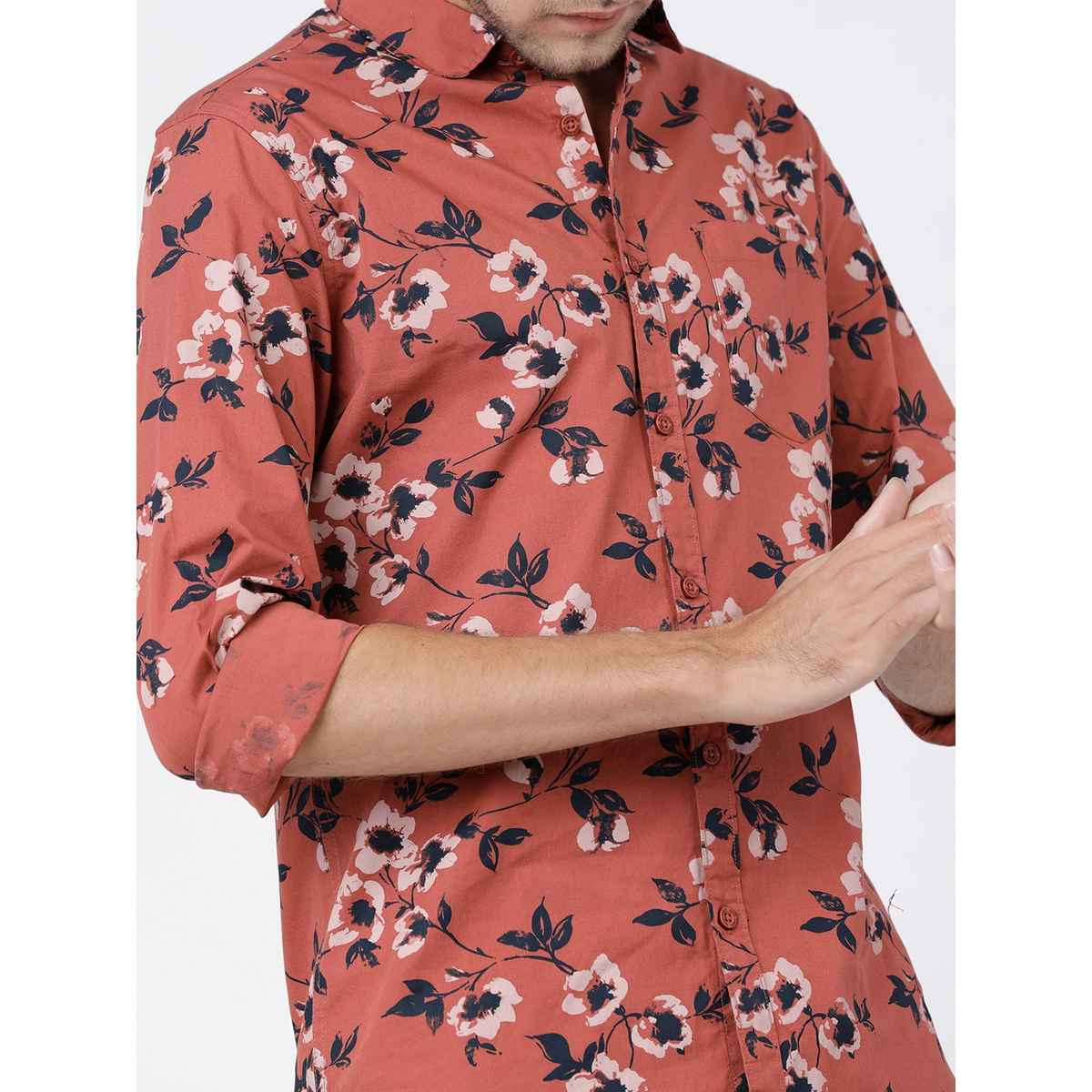 Highlander Men's Slim Fit Floral Printed Casual Shirt - Rust and Black | L