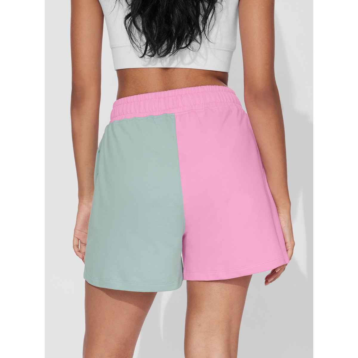The Souled Store Women's Solids Colourblock Shorts | Pink Green - L