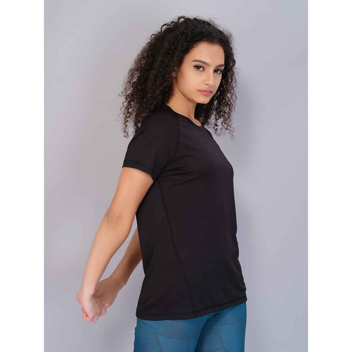 Technosport Women's Solid Slim Fit Round Neck Sports T-shirt With Techno Cool | Black | L
