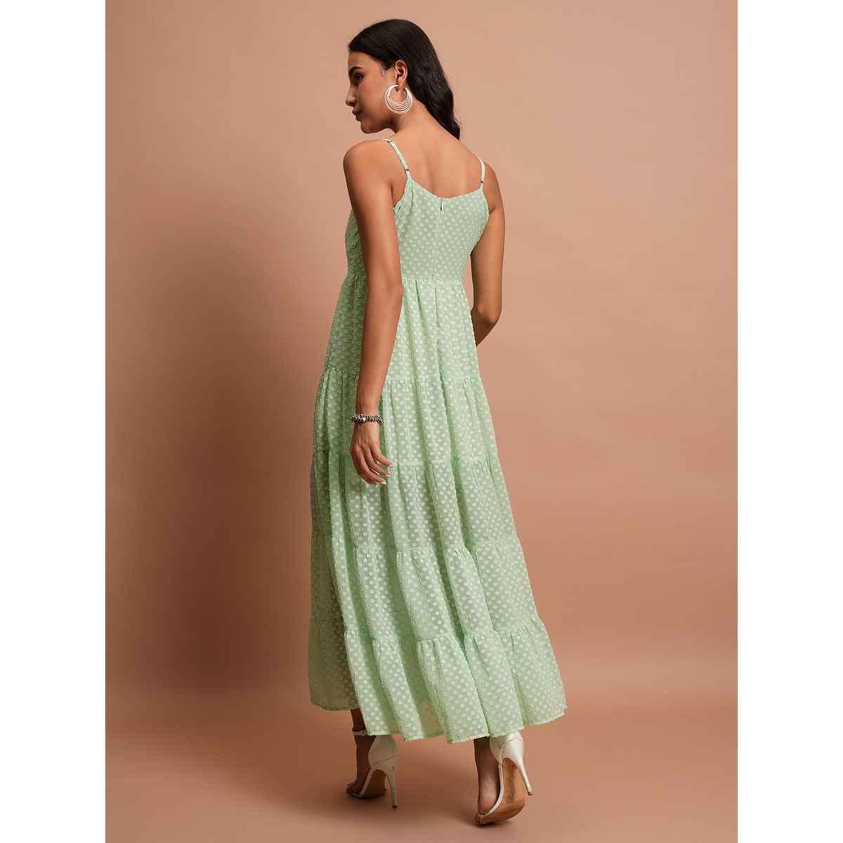 Ketch Women's Self Design Shoulder Strap Fit & Flare Midi Dress | Green | L