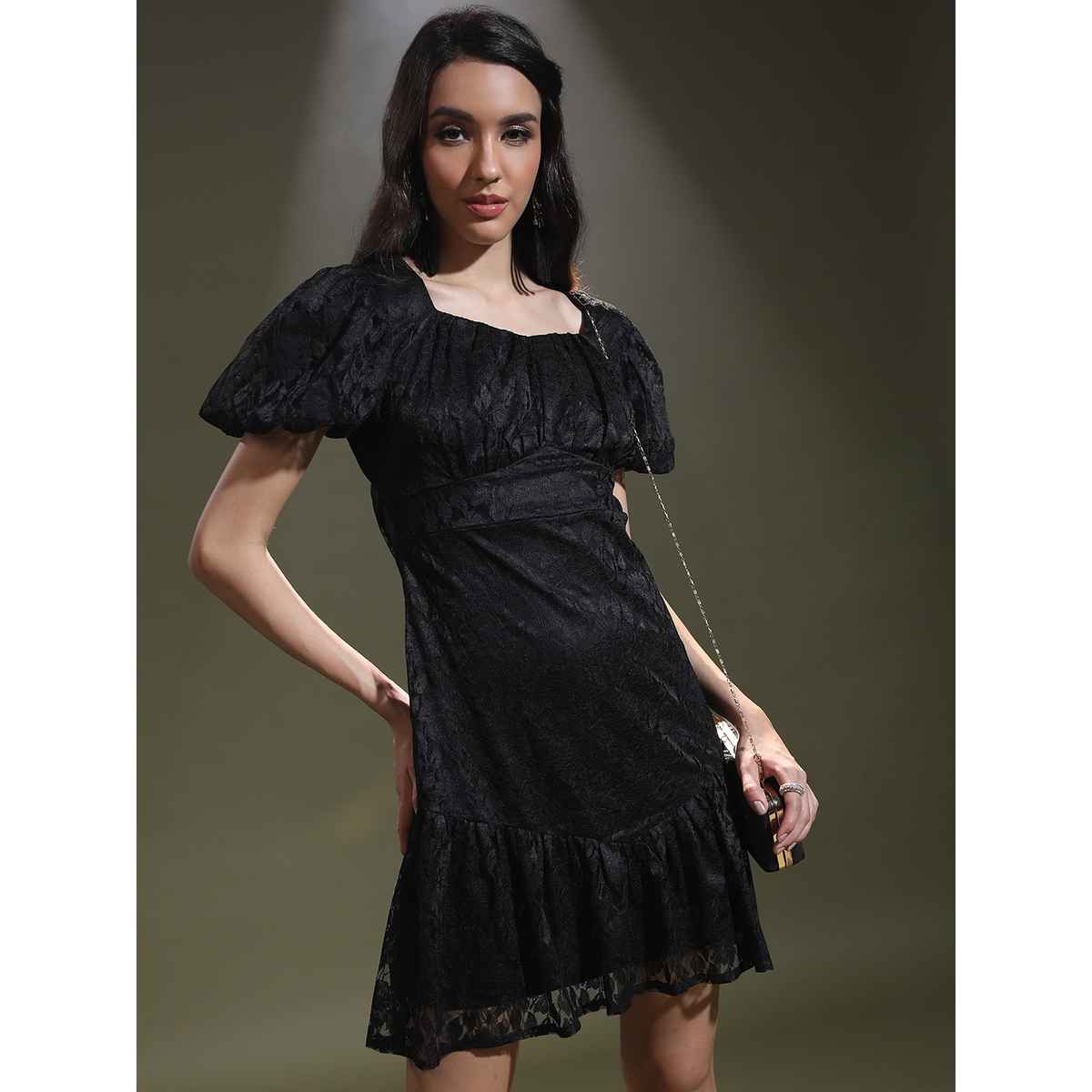 Ketch Women's Cap Sleeves Square Neck Sheath Dress | Black - S