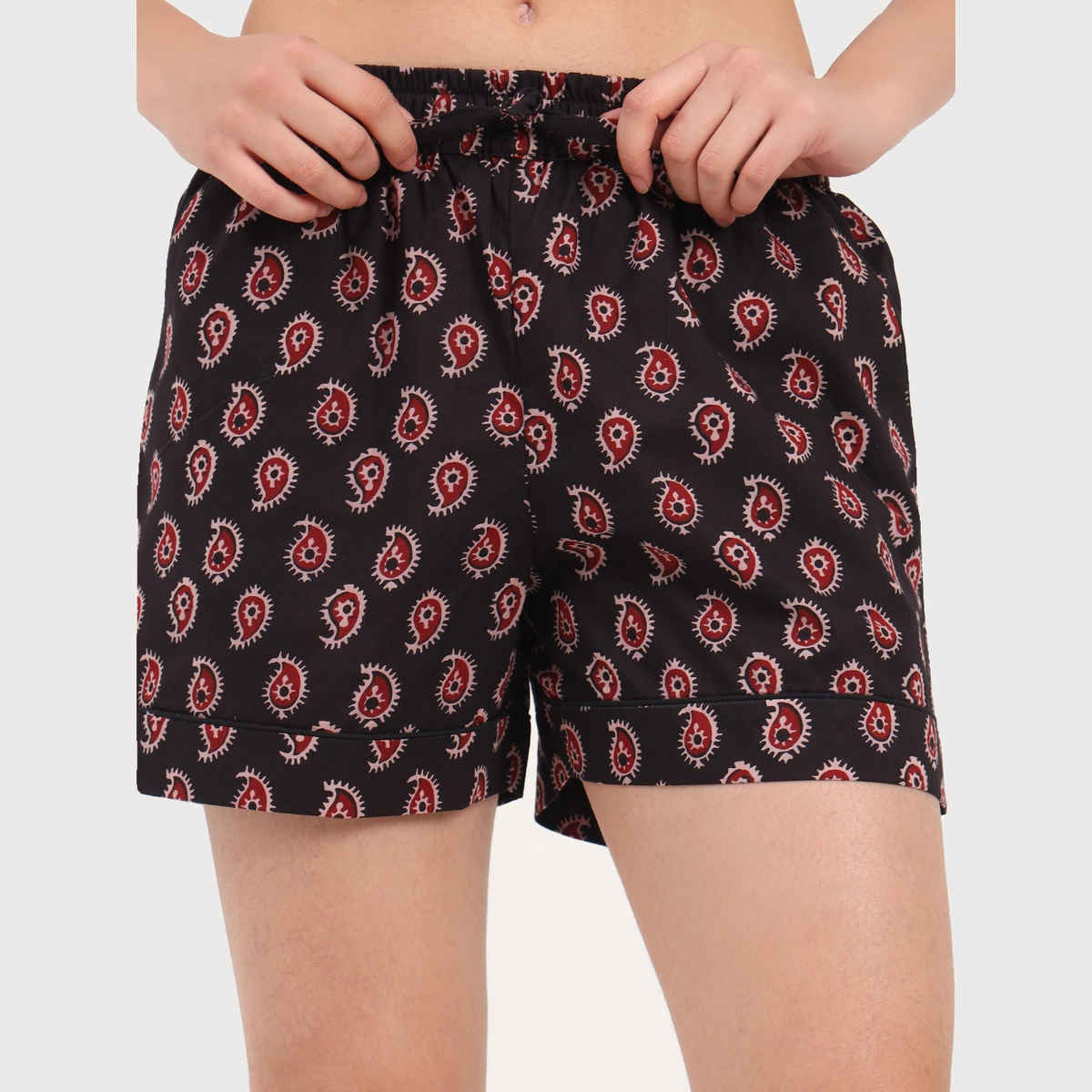 Divena Black Ethnic Motif Print Cotton Shorts for Women | DK0253 - L