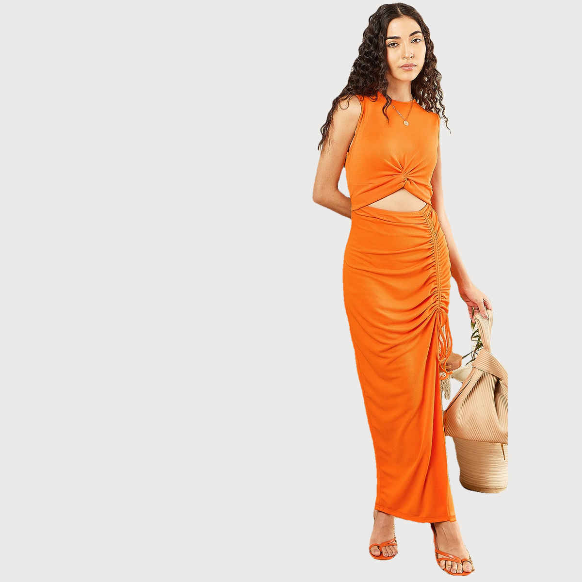 Uptownie Women's Stretchable Knotted Cutout Ruched Midi Dress | 120018713 | Orange - L