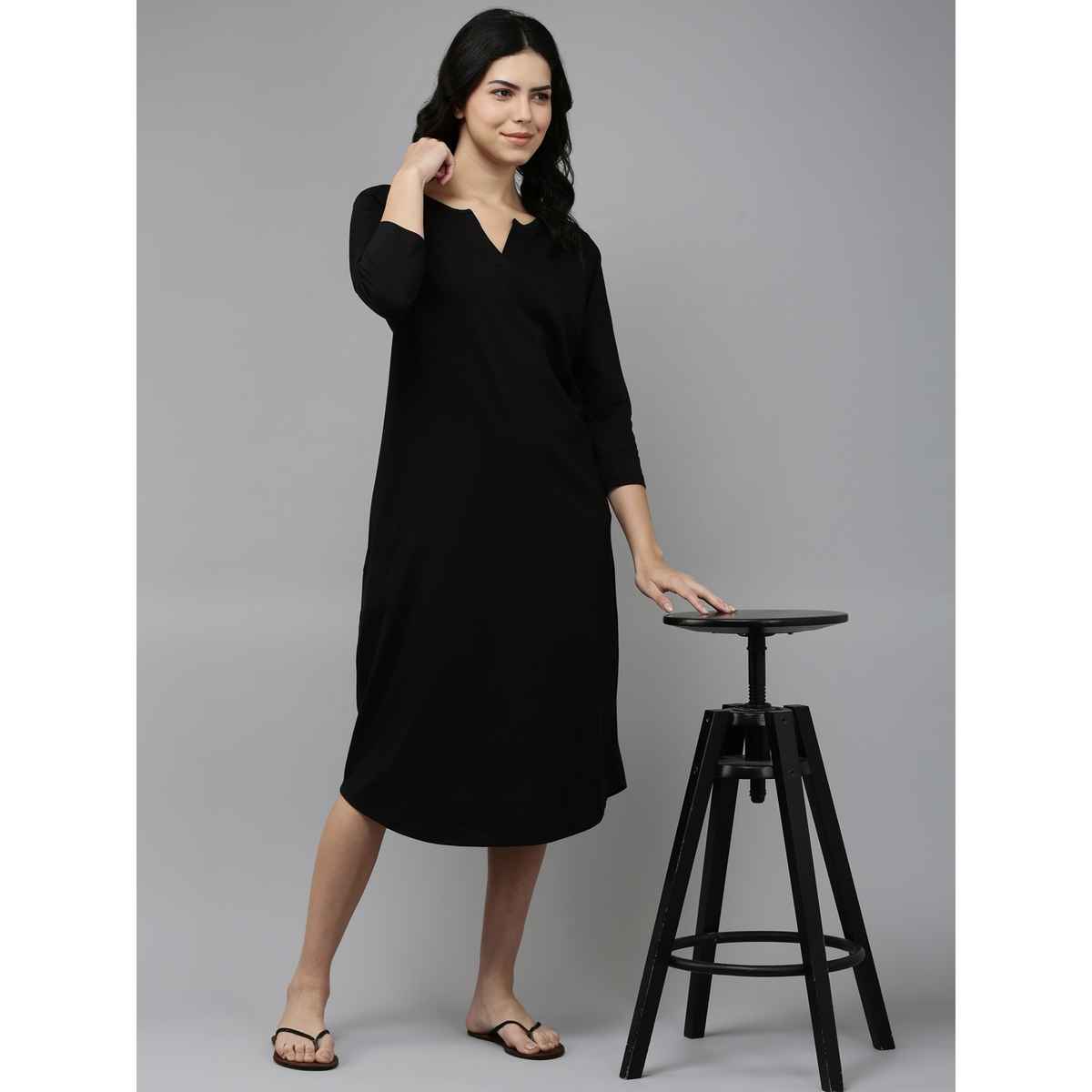 Kryptic Women's Solid Pure Cotton Maxi Nightdress | Black - M