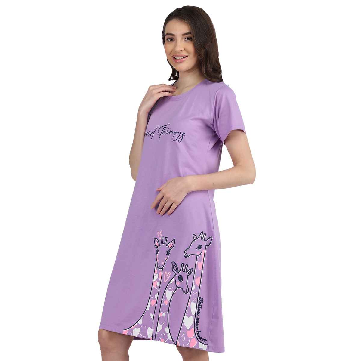 Duchess Women's Cotton Blend Printed Knee Length Nighty | Lavender - L