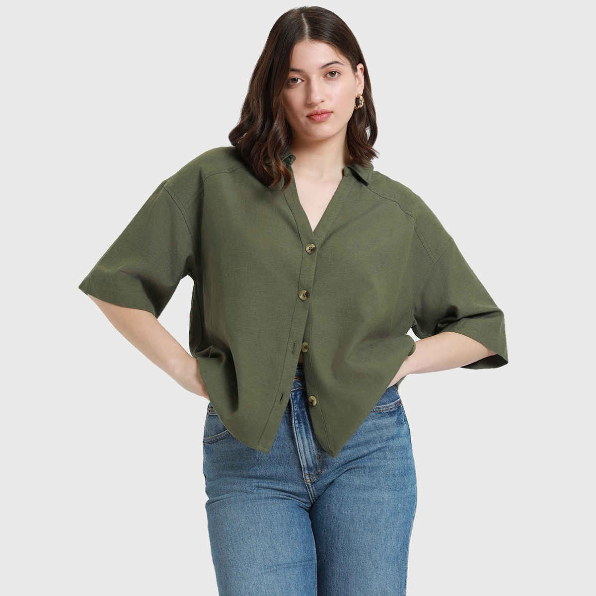 DL Women's Drop Shoulder Casual Oversized Shirt | DLWSHW23005 | Olive - XL
