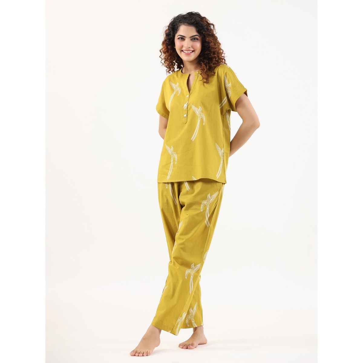 Sanskrutihomes Graphic Printed Pure Cotton Night Suit | Yellow - XL