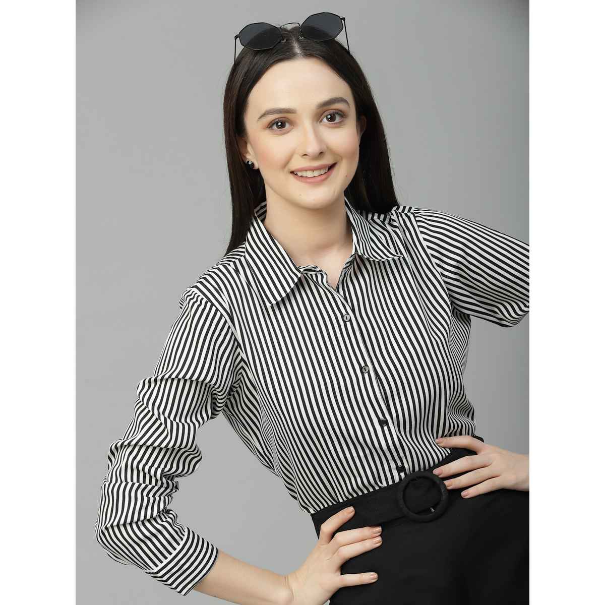 Style Quotient Women Black-White Stripe Polyester Casual Shirt | L | SS23SQARTHA03 - Black/White