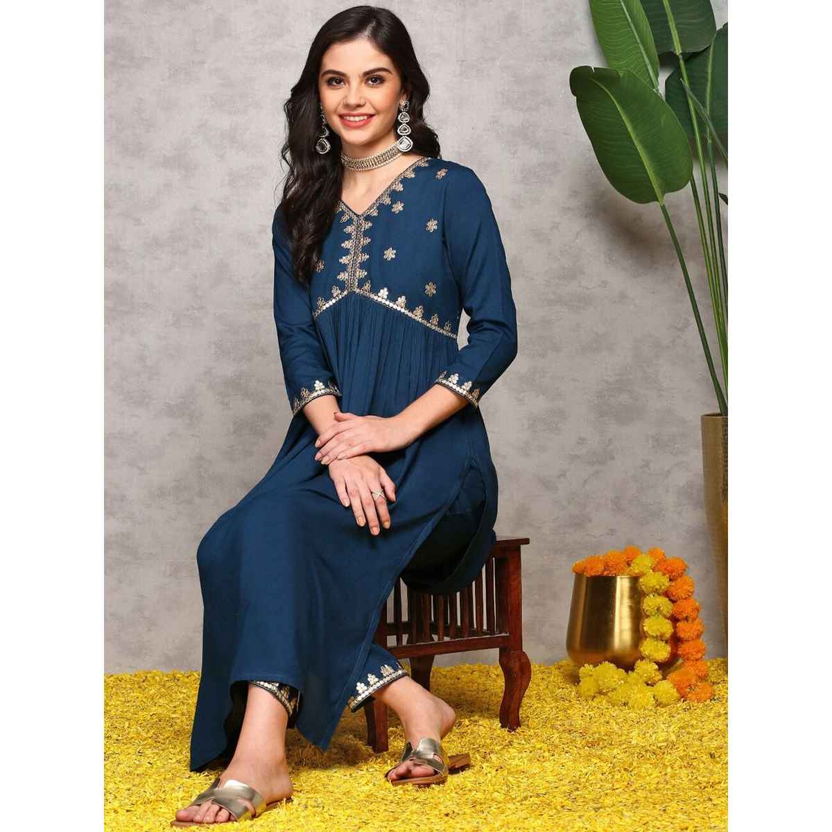 Ishin Women Kurta with Bottom Set | INWKTS24077 | Teal - XL