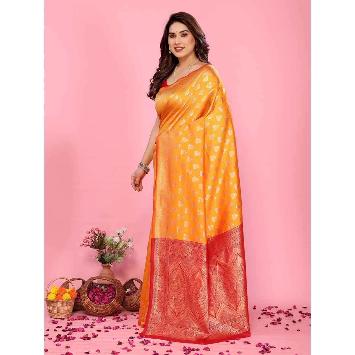 Hema Silk Mills Women Woven Banarasi Silk Blend Saree | Mustard