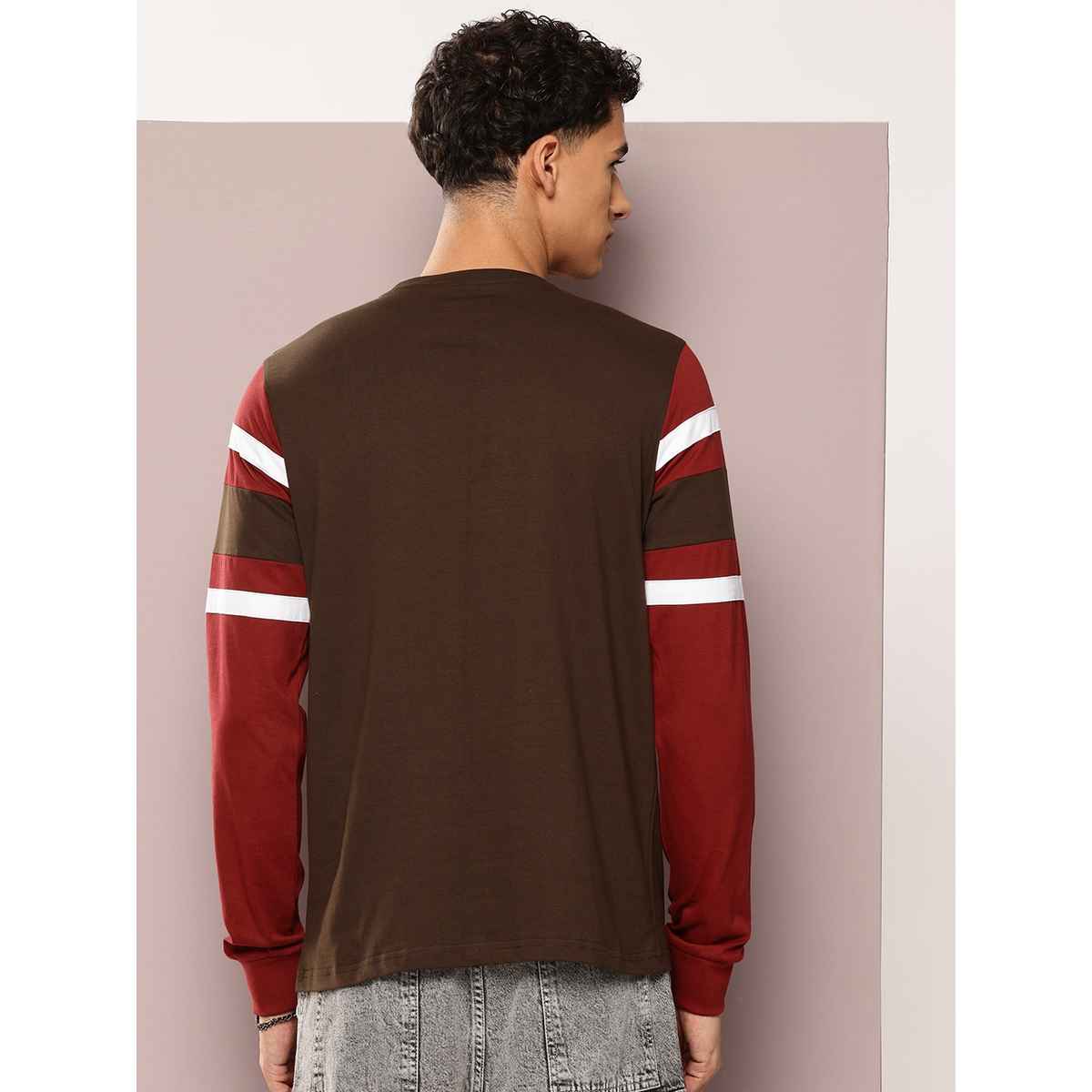 Dillinger Men's T-shirt Long Sleeve Colourblocked Striped Typography | Brown - S