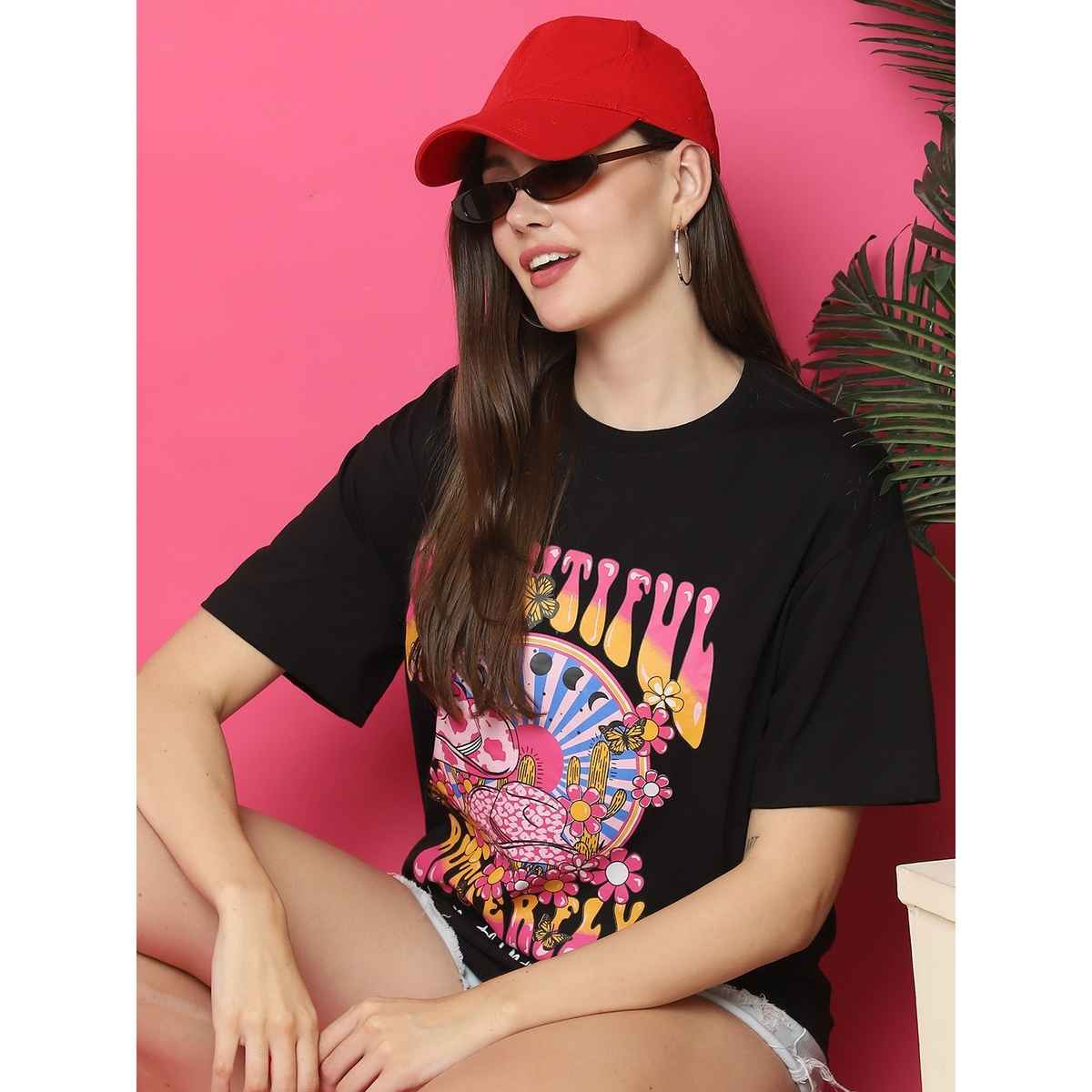 Fabflee Women Oversize Cotton Printed Round Neck Tshirt | Black | FAB-OS-519 | L
