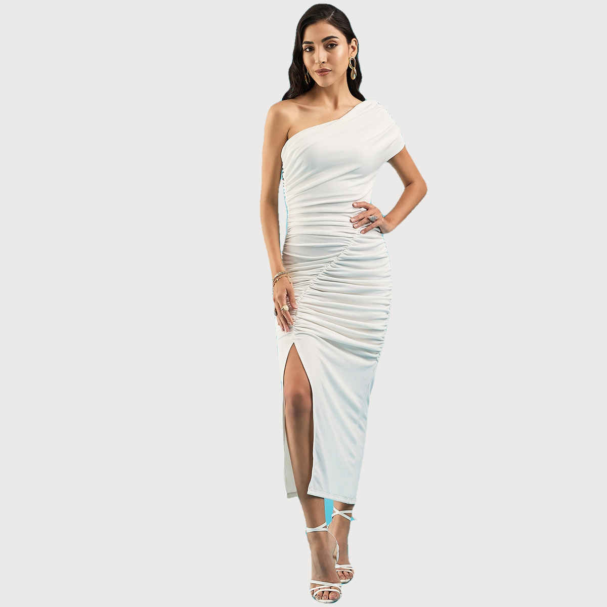 Uptownie Women's Stretchable One Shoulder Ruched Dress | 120018693 | White - S