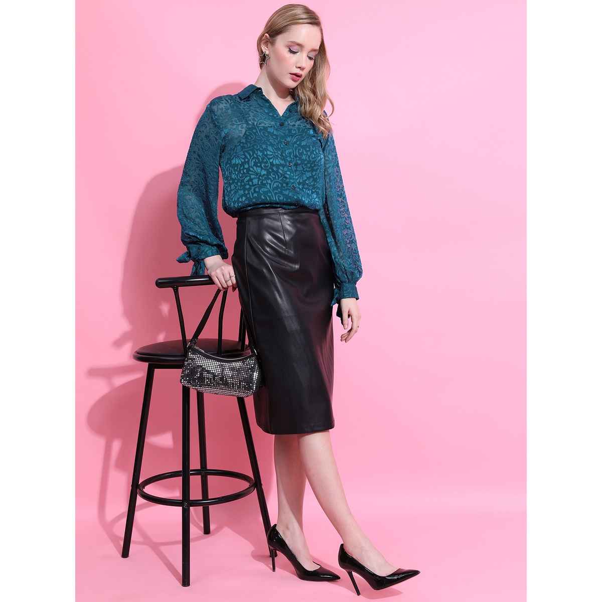 Ketch Women's Self Design Semi Sheer Lace Shirt Style Top | Teal | S