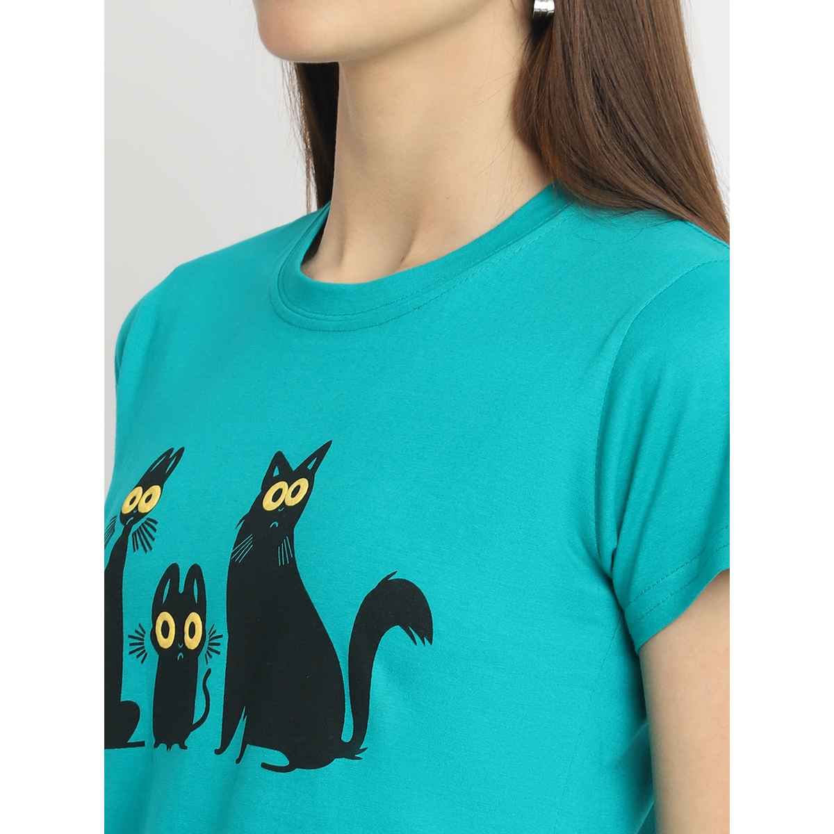 Fabflee Women Regular Cotton Printed Round Neck Tshirt | Aqua Blue | FAB-WT-39 | XL