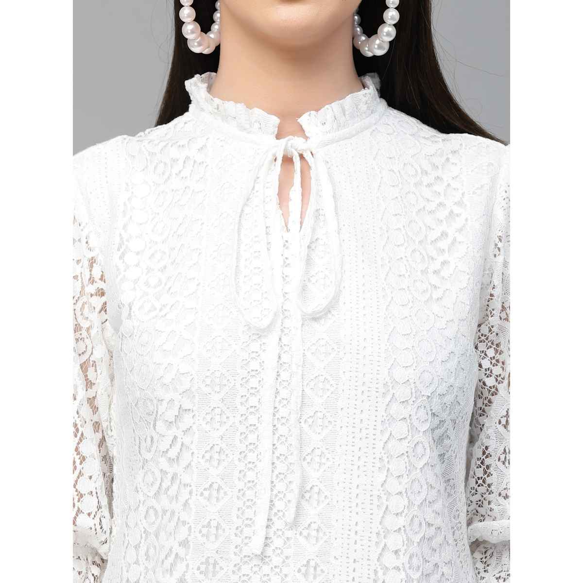 Style Quotient Women White Self Design Lace Regular Smart Casual Top | L | SS23SQSIKKIM - White