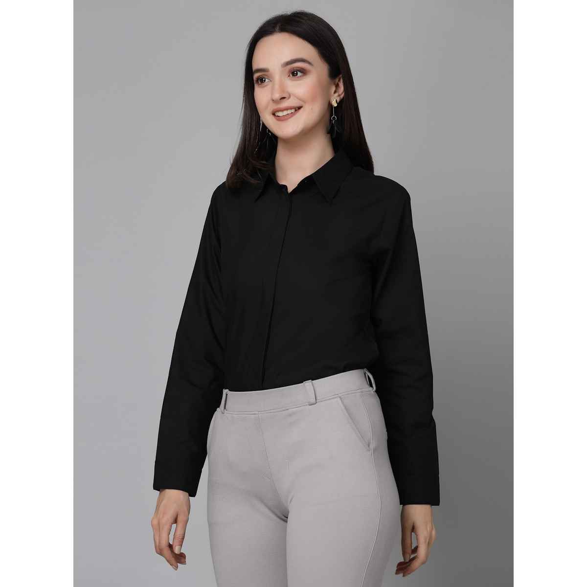 Style Quotient Women Black Cotton Blend Casual Long Sleeve Shirt | L | SS23SQARUNA - Black