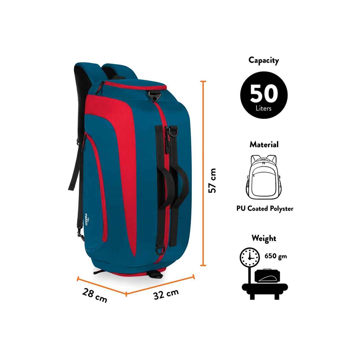 Pazzo Jake 50L Duffel Bag | 3-in-1 Gym | Travel & Backpack | Convertible with Spacious Storage