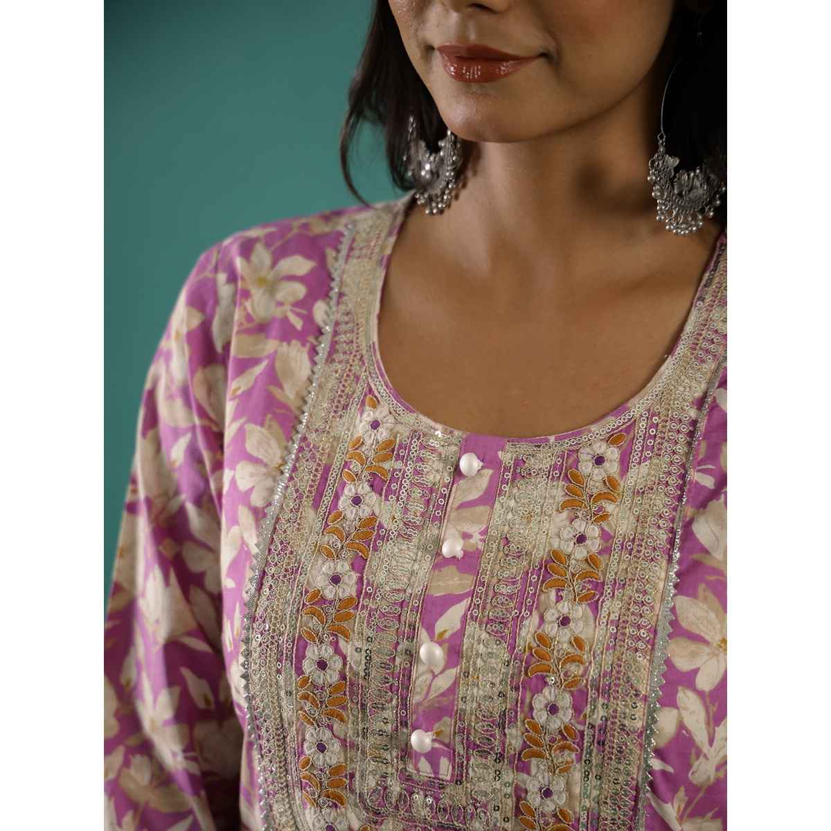 Rangdeep Floral Printed Sequinned Pure Cotton A Line Kurta with Trousers & Dupatta for Women | M