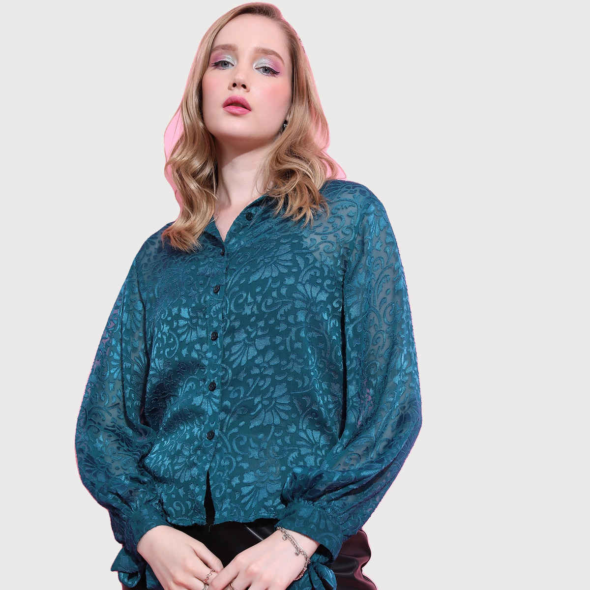 Ketch Women's Self Design Semi Sheer Lace Shirt Style Top | Teal | L