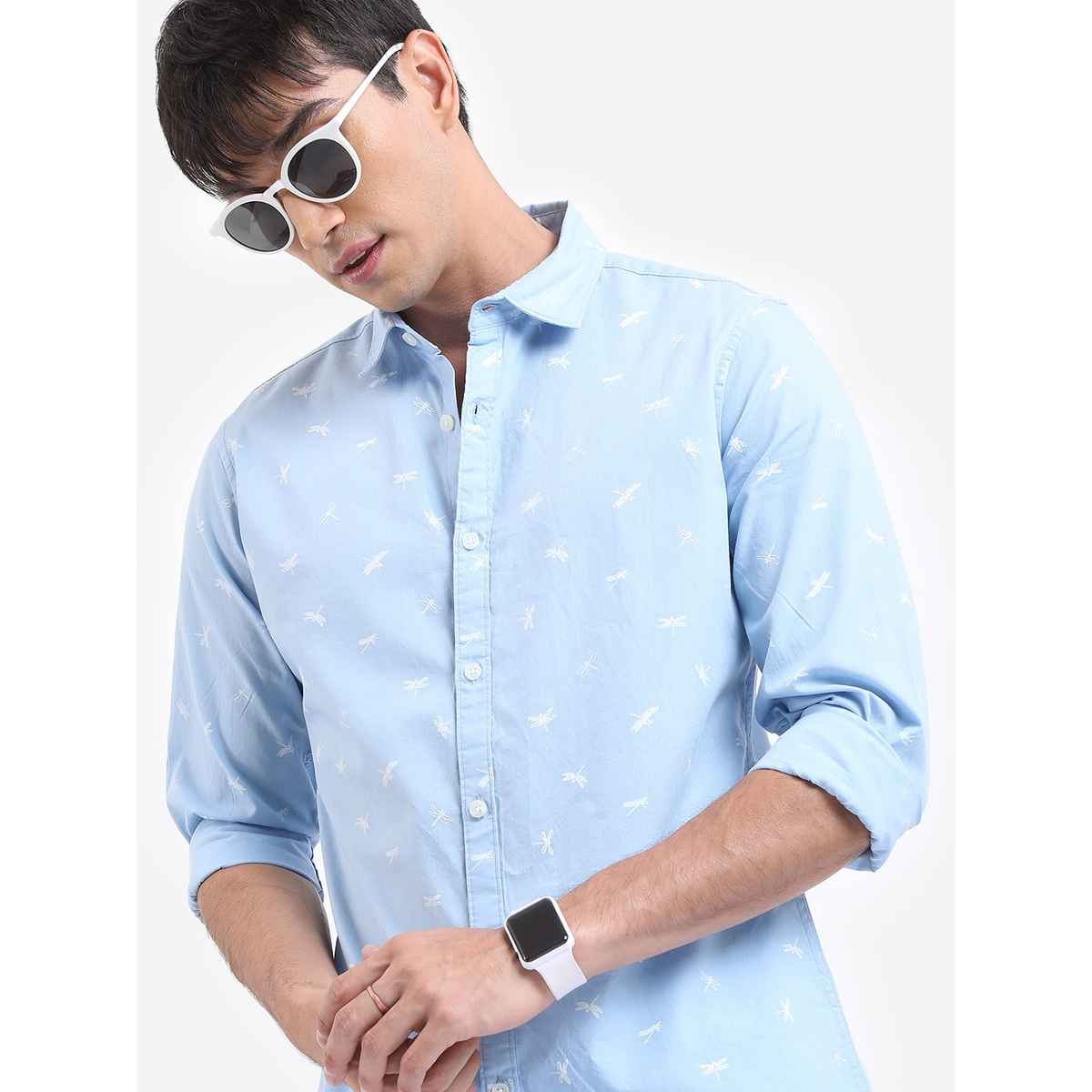 Highlander Men's Conversational Printed Slim Fit Spread Collar Casual Cotton Shirt | Light Blue - S