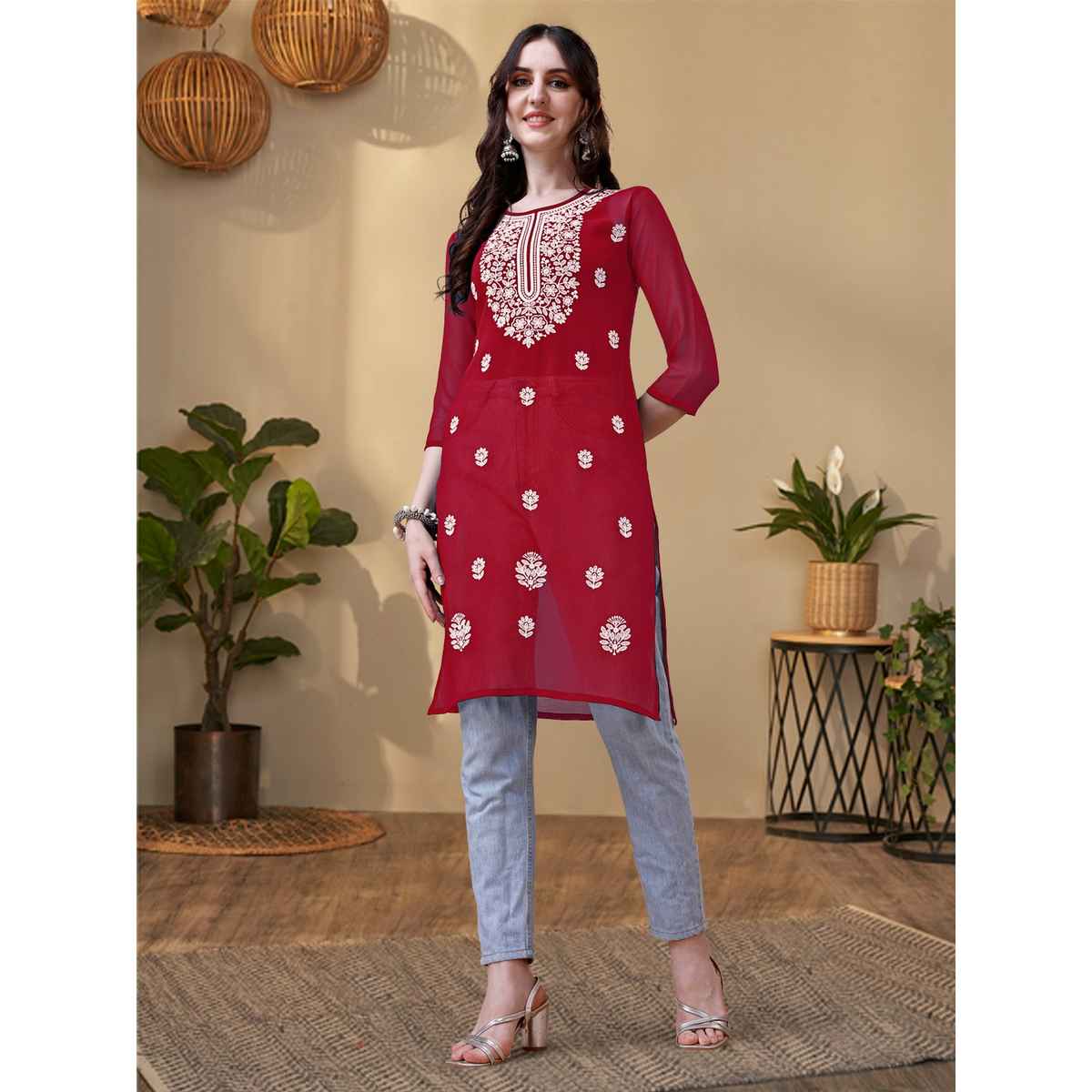 Youthnic Georgette Embroidered Embroidered Straight Short Kurti | B54 - Taara Maroon | M