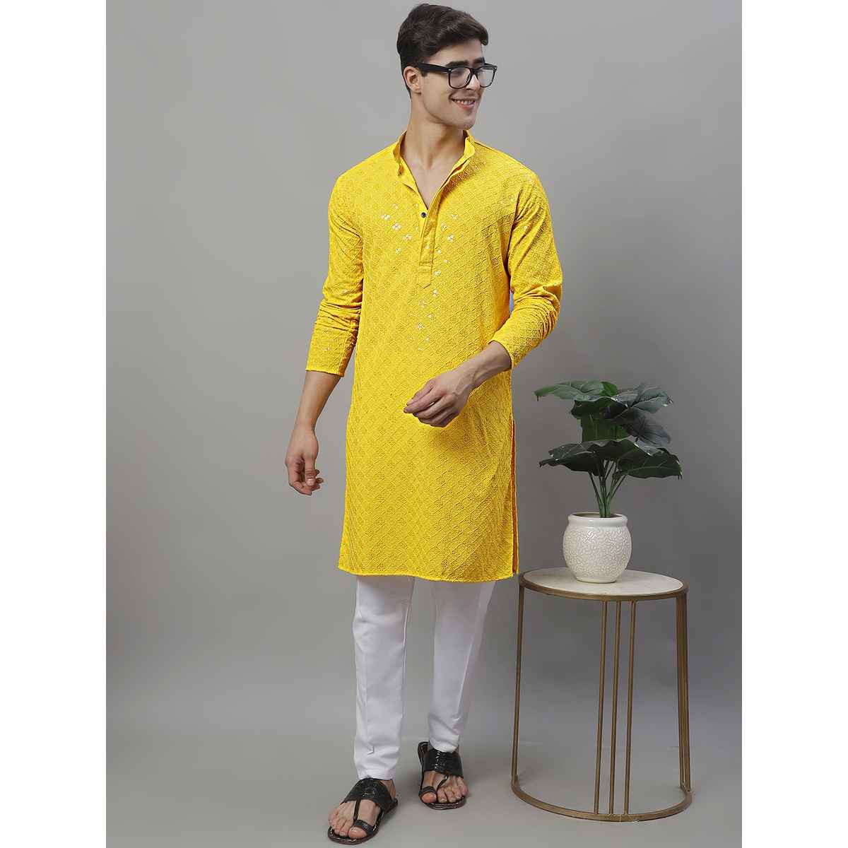 Jompers Embroidered and Sequence Kurtas for Men s | KO 695 Yellow | M