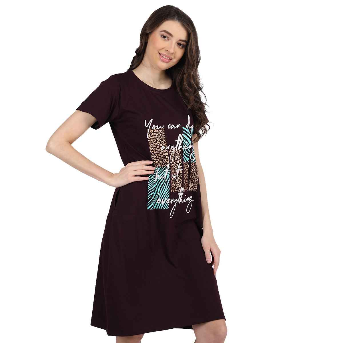 Duchess Women's Cotton Blend Printed Knee Length Nighty | Wine - M