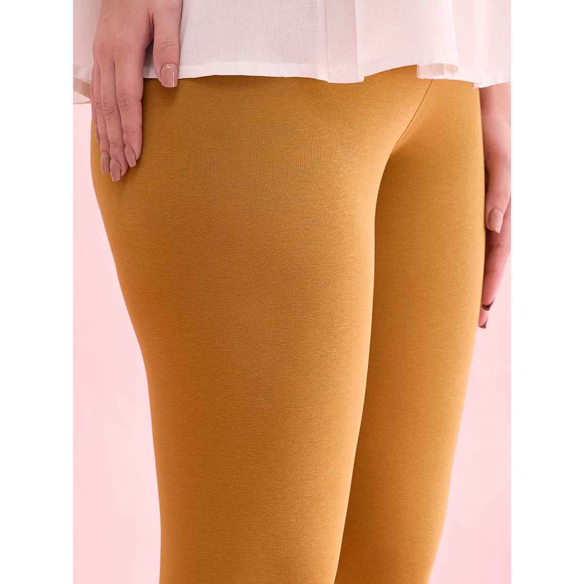 Go Colors Women's Solid Mid Rise Ankle Length Leggings | Mustard - L