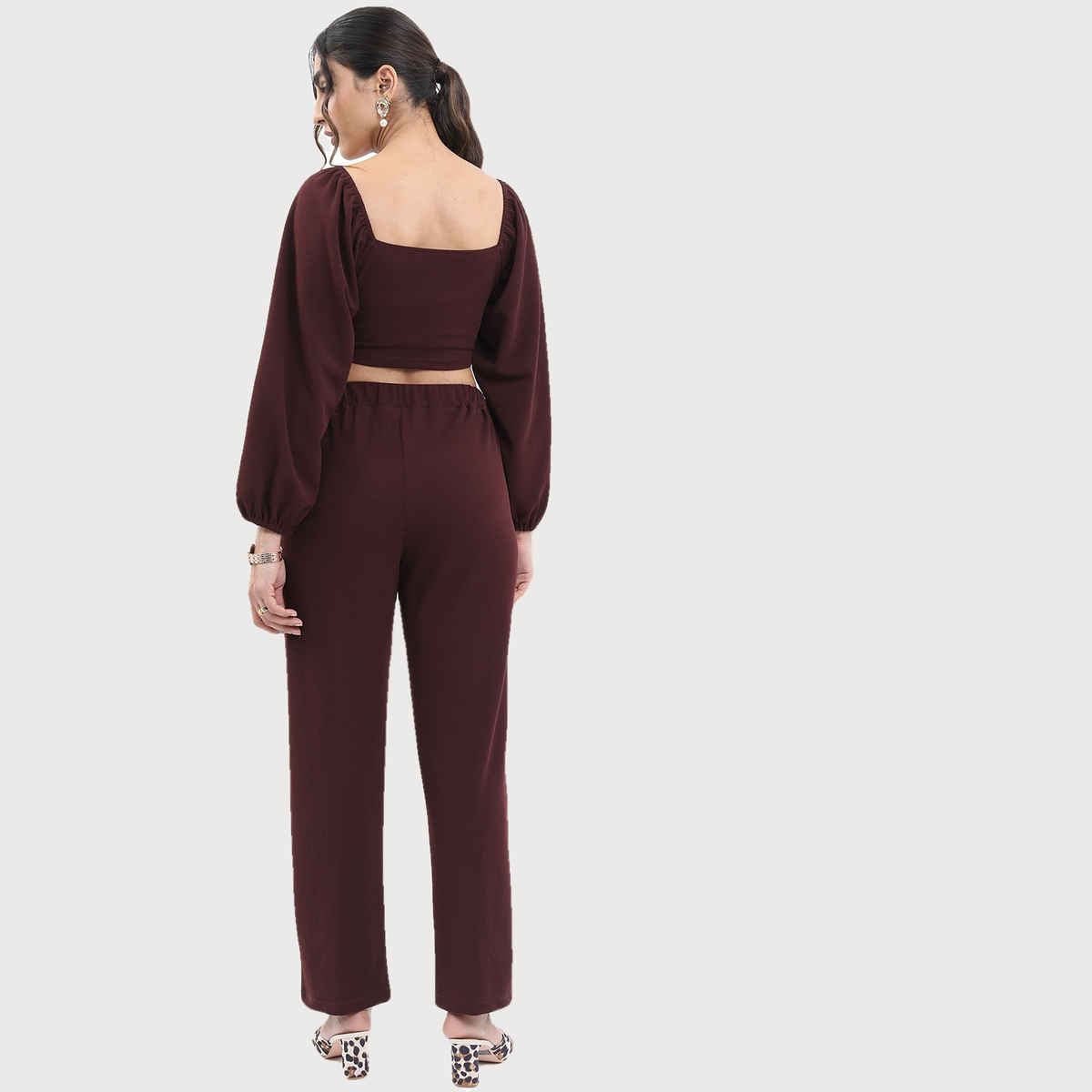 Ketch Women Sweetheart Neck Crop Top With Trousers Co-ords | Brown | M