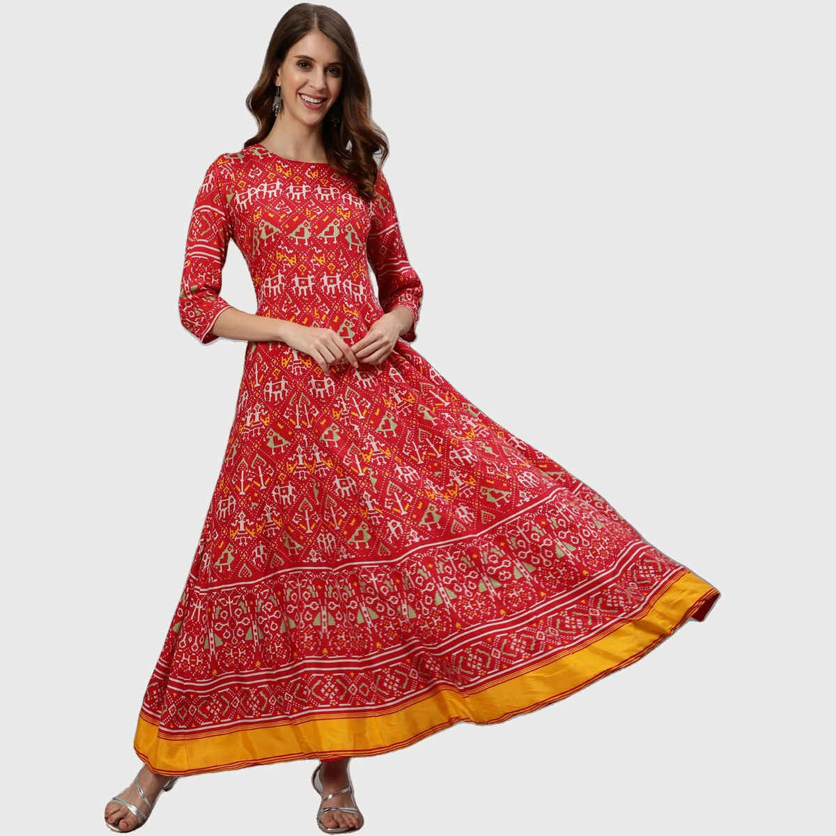 Ishin Women Panelled Anarkali Kurta | KSGL-9065 | Red Patola - L