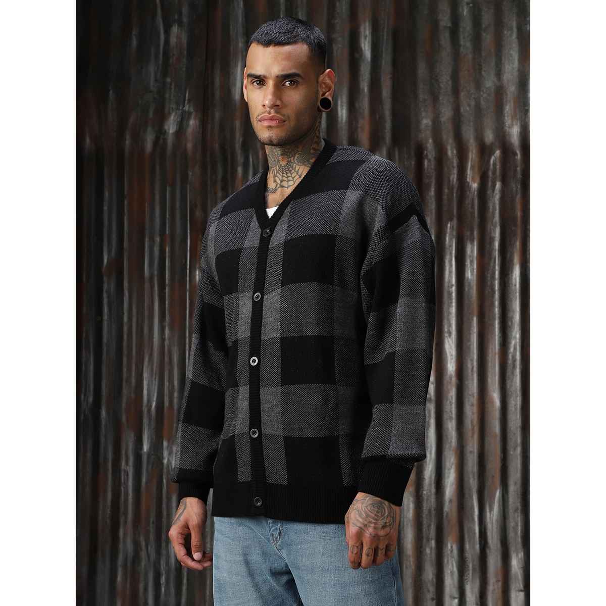 High Star Men's Checked Oversized Fit Cardigan Sweater | Grey - S
