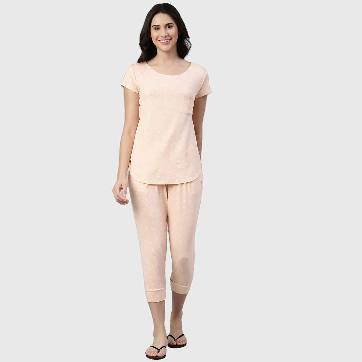 Enamor Essentials EC16 Women s Aop-Soft & Drapey All Over Printed Lounge Capri Set | Pink | M
