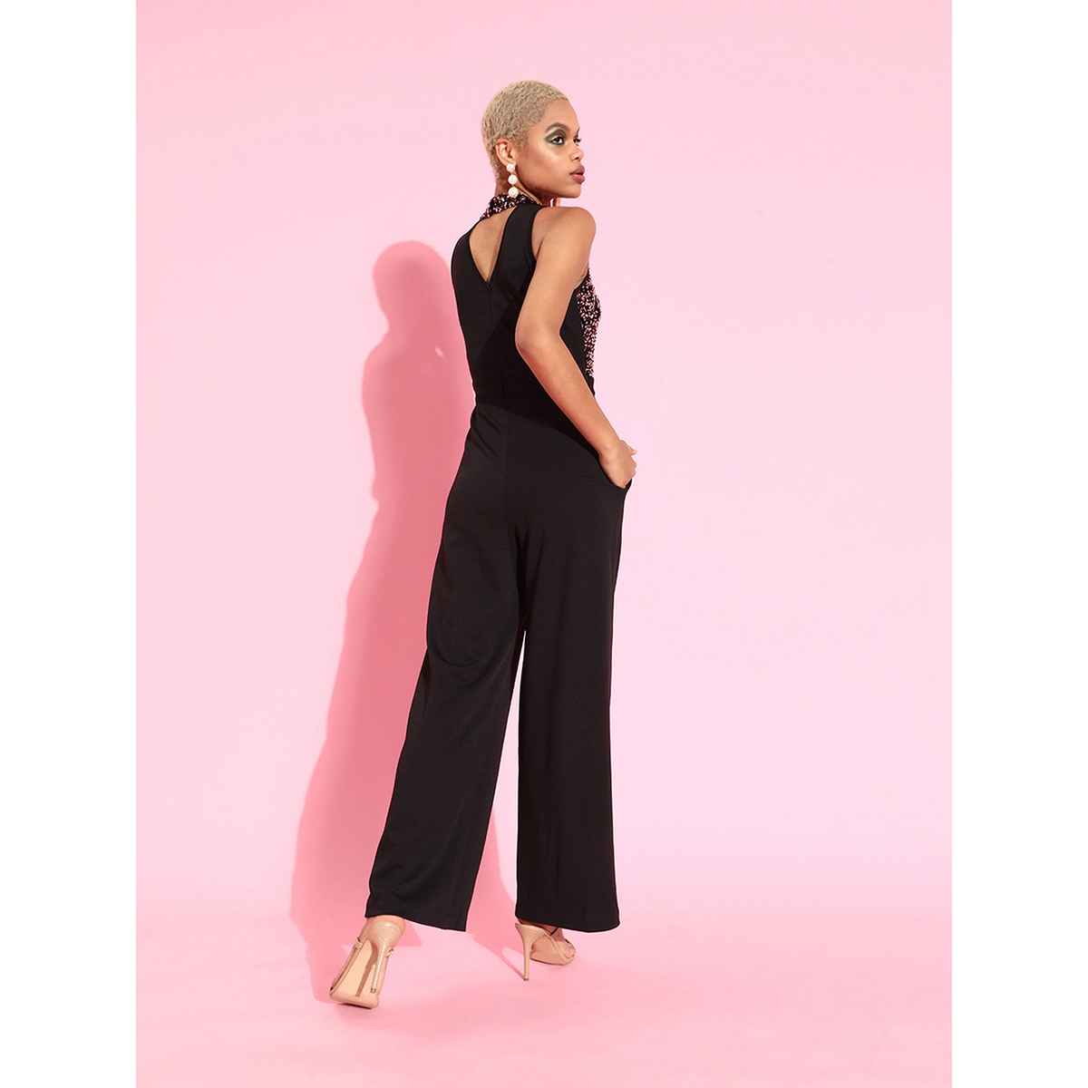 Miss Chase Women Embellished Regular Jumpsuit | Black and Lavender | XL