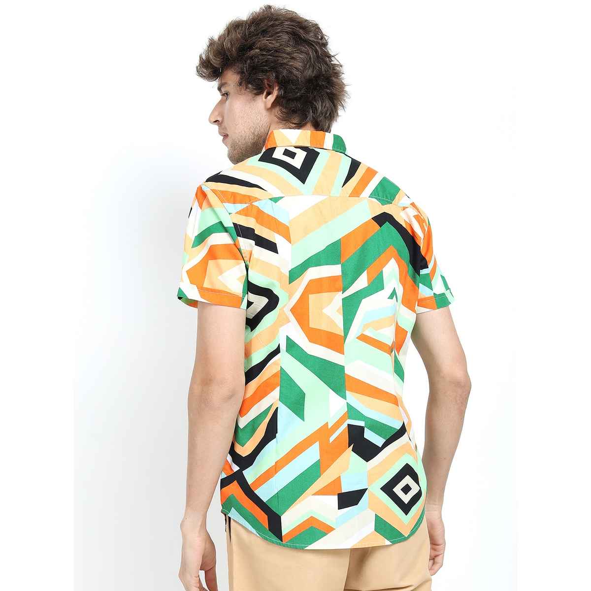 Ketch Men Green & Orange Slim Fit Geometric Printed Cotton Casual Shirt | Green/Orange - L